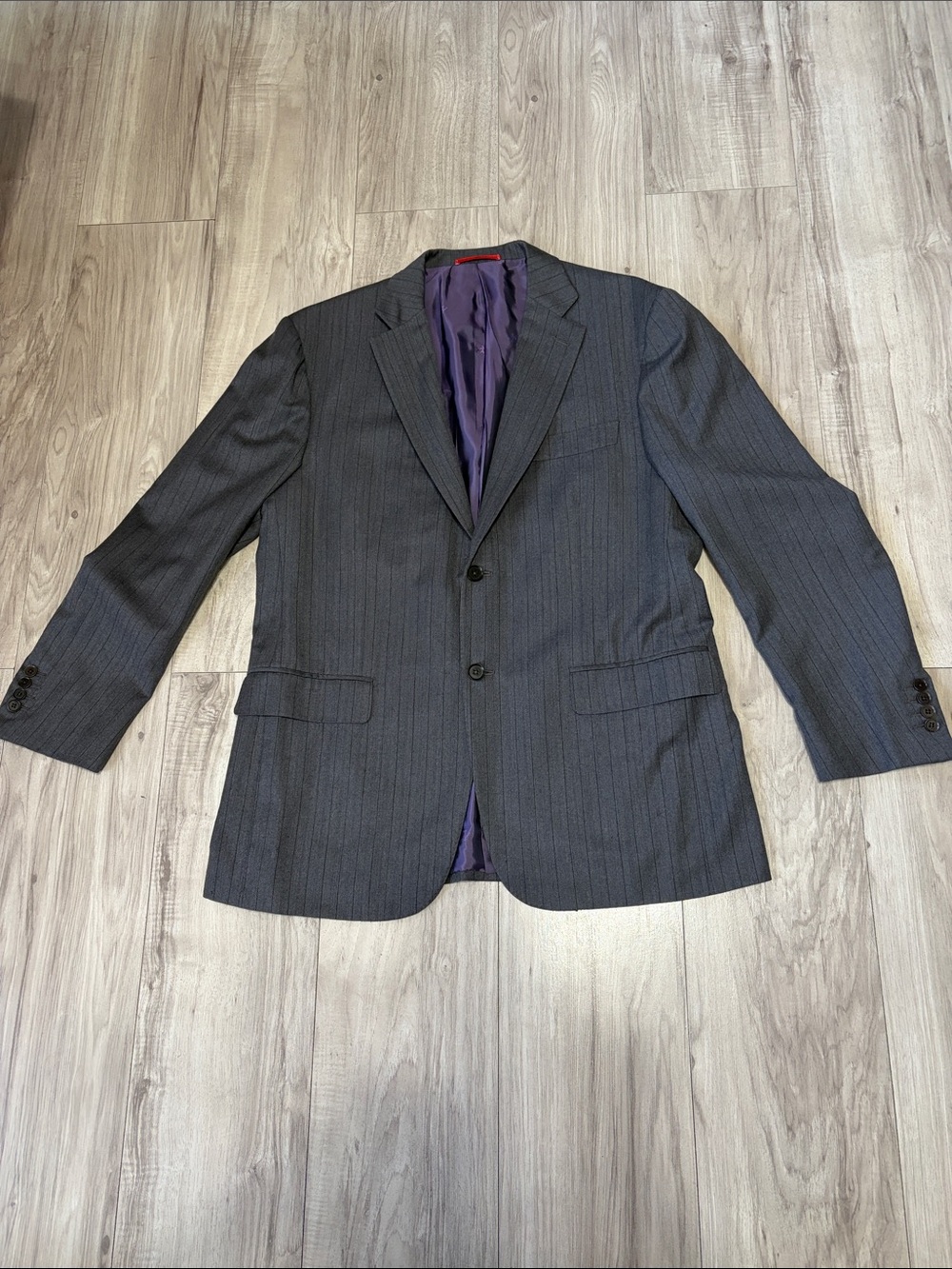 Isaia Charcoal Pinstripe Suit Jacket with Purple Lining